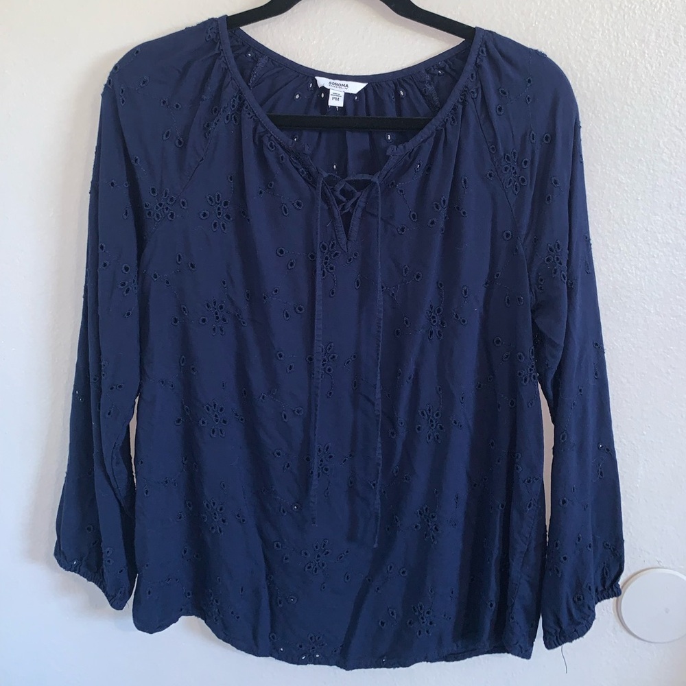 Women’s Blue Long sleeve Blouse eyelet Sonoma Size Medium Petite